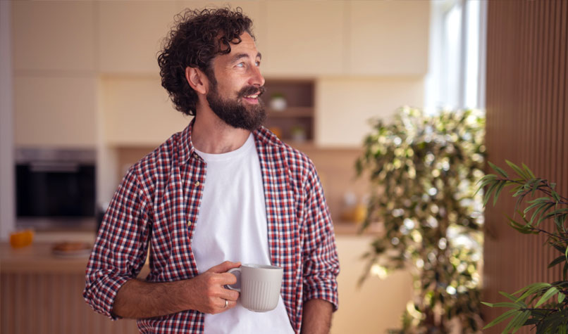 Man in kitchen with coffee thinking
